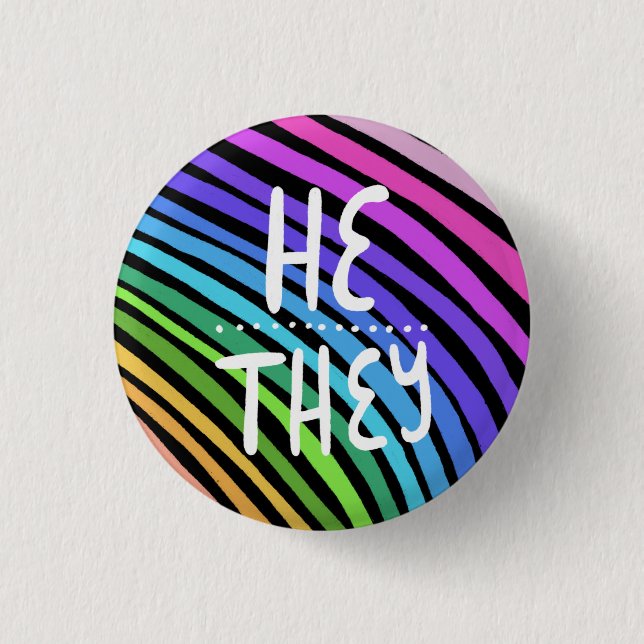 HE/THEY Pronouns Colourful Handlettered Rainbow  3 Cm Round Badge (Front)