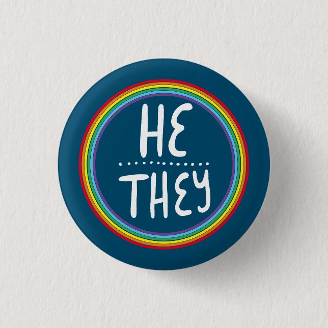 HE/THEY Pronouns Rainbow Handlettered Minimal  3 Cm Round Badge (Front)