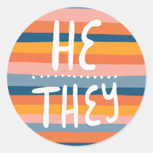 HE/THEY Pronouns Stripes Handlettering Sheet of Classic Round Sticker