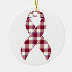 Head and Neck Cancer Awareness Plaid Burgundy Ceramic Tree Decoration