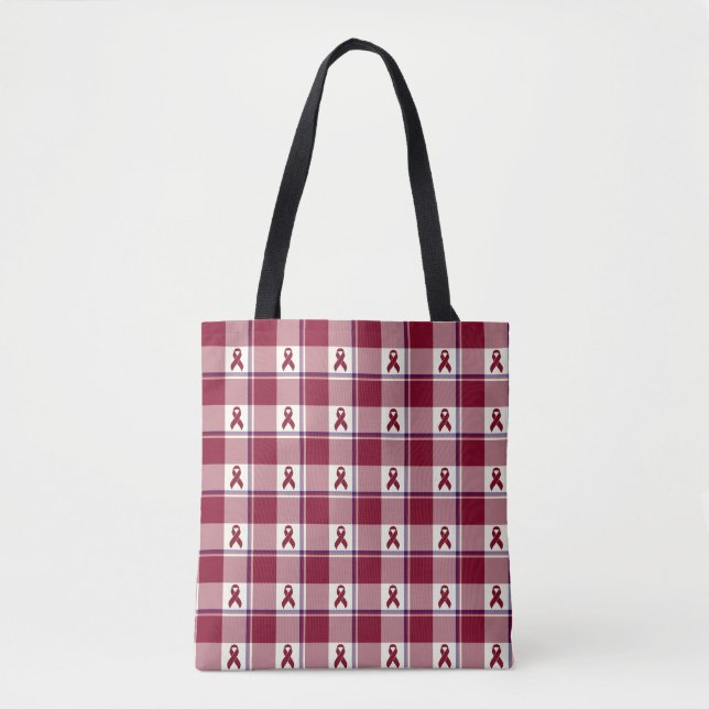 Head and Neck Cancer Awareness Plaid Burgundy Tote Bag (Front)