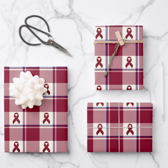 Head and Neck Cancer Awareness Plaid Burgundy Wrapping Paper Sheet (Front)