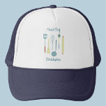 Head Chef Personalised Trucker Hat<br><div class="desc">Fun Head Chef design with vintage kitchen utensils for your favourite chef,  cook or grill expert.  Change the name and text to personalise.</div>