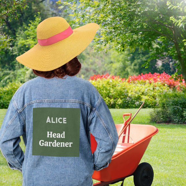 Head Gardener Custom Name Clothing Gardening Gift Denim Jacket (A denim jacket with 'Head Gardener' caption on a green background, to personalize with a name)