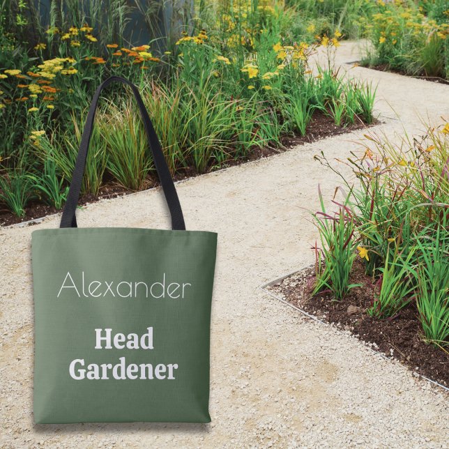 Head Gardener Green Gardening Themed Personalised Tote Bag (A green bag with Head Gardener caption, personalized with a name of your choice.)