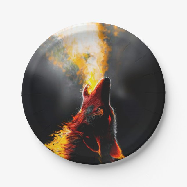 Head of Aggressive Fire Wolf Paper Plate (Front)