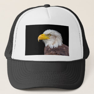 Head of bald eagle on black trucker hat