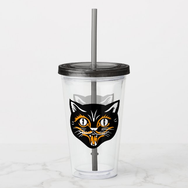 Head of Black Halloween Cat Orange White Accents Acrylic Tumbler (Front)