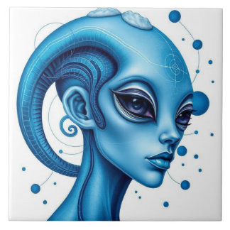 Head Of Blue Alien Closeup Sci-Fi Art Tile