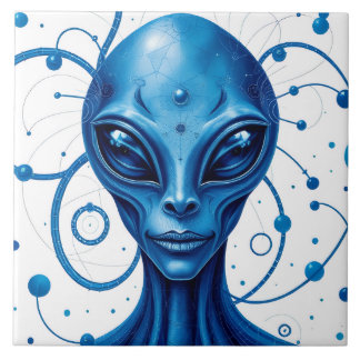 Head Of Blue Alien Closeup Sci-Fi Art Tile