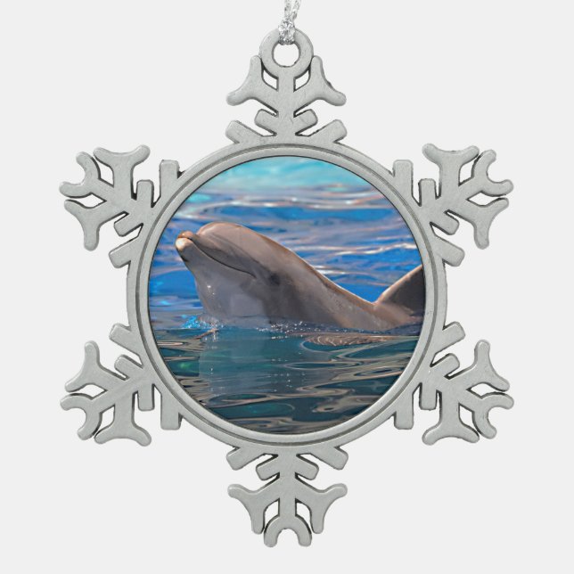 Head of bottlenose dolphin snowflake pewter christmas ornament (Front)