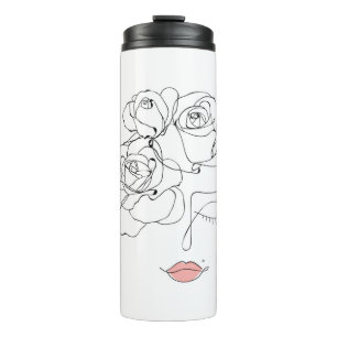Head Of Flowers Art, Line Art Woman With Flowers,  Thermal Tumbler