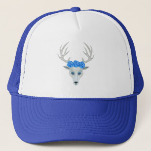 Head of White Deer Blue Eyes Antlers Blue Roses Trucker Hat