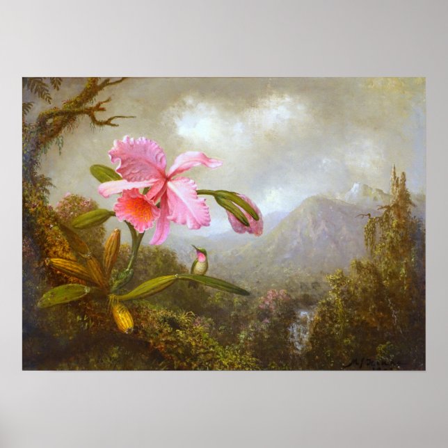 Heade - Orchid And Hummingbird Near A Waterfall  Poster (Front)