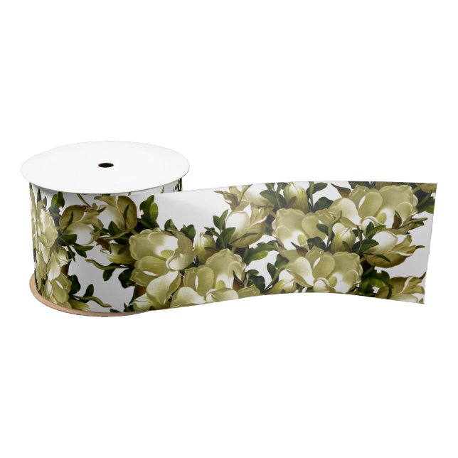 Heade White Magnolia Flower Blossoms Ribbon Satin Ribbon (Spool)