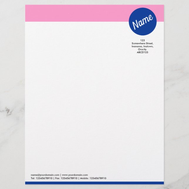 Header and Circle - Pink and Navy Blue Custom Letterhead (Front)
