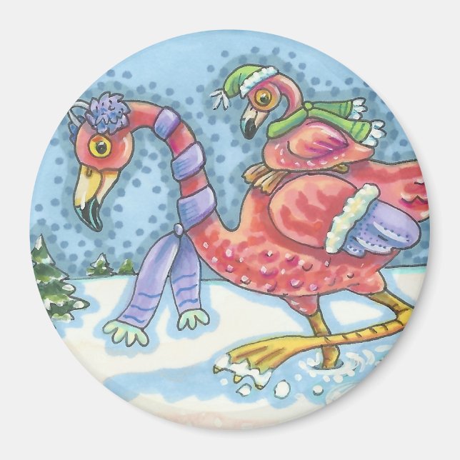 HEADING SOUTH, PINK FLAMINGOS WINTER MAGNET Round (Front)