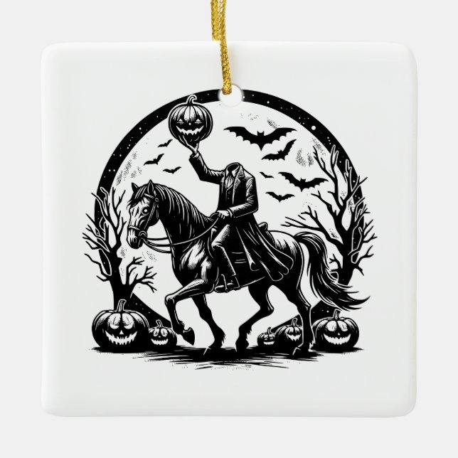 Headless Horseman Halloween Circle Design Ceramic Ornament (Front)