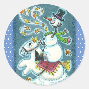 HEADLESS HORSEMAN SNOWMAN, XMAS HALLOWEEN HUMOR, CLASSIC ROUND STICKER