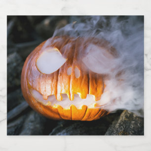 Headless Horseman's Jack-o-Lantern Head a Flame Beer Bottle Label