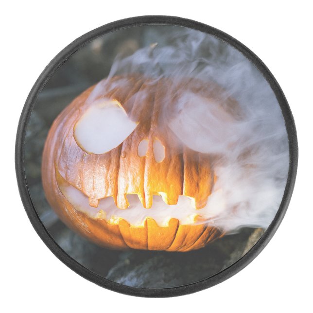Headless Horseman's Jack-o-Lantern Head a Flame Hockey Puck (Front)