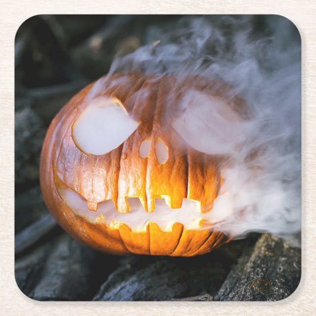 Headless Horseman's Jack-o-Lantern Head a Flame Square Paper Coaster (Front)