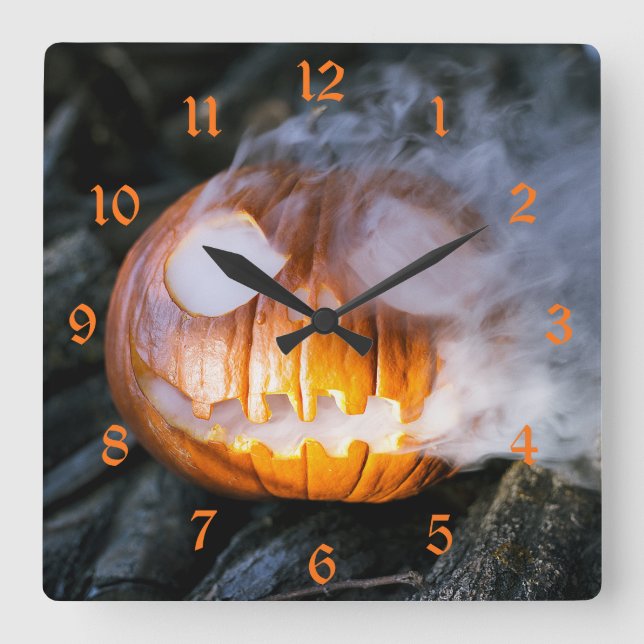 Headless Horseman's Jack-o-Lantern Head a Flame Square Wall Clock (Front)