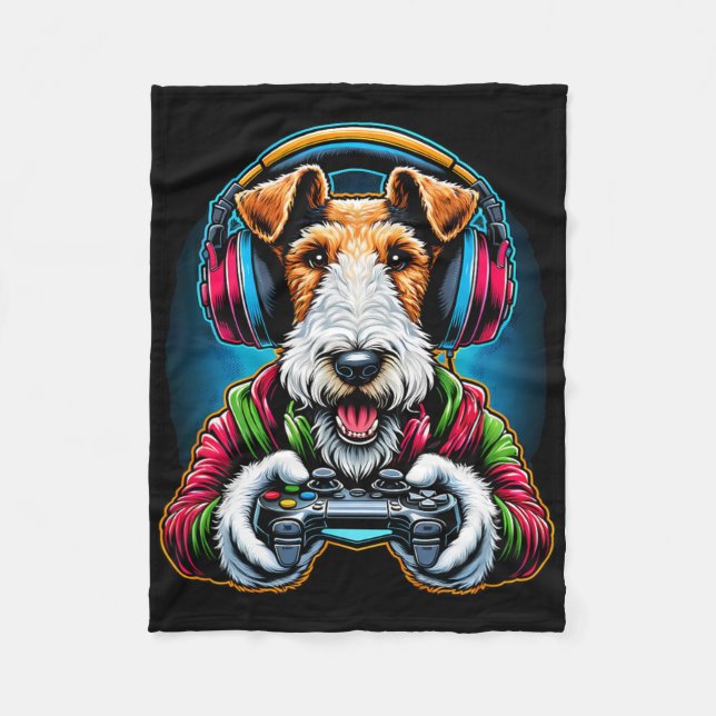 Headphone Video Game Wire Fox Terrier Dog Gaming  Fleece Blanket (Front)