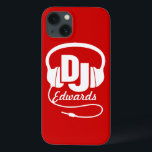 Headphones DJ named red and white ipad case<br><div class="desc">Help protect your iphone from knocks and little accidents,  with this ipad case. Original graphic headphone DJ iphone case for music dj's and budding disc jockeys and clubbing fans. Customise with your name. Example reads Edwards. Exclusively designed by Sarah Trett.</div>