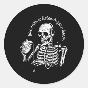 Headphones Heart Gothic Music Halloween Skeleton Classic Round Sticker