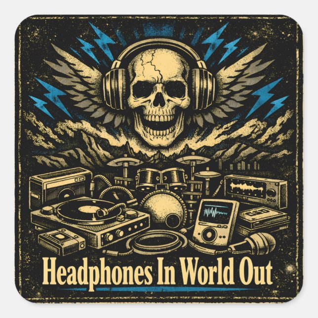 Headphones In World Out – Music Escape Zone Square Sticker (Front)