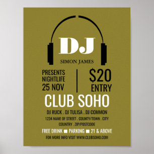 Headphones Logo, DJ, Club Event Advertising Poster