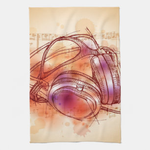 Headphones on a watercolor background & notes tea towel