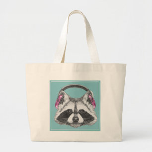 Headphones Racoon Large Tote Bag