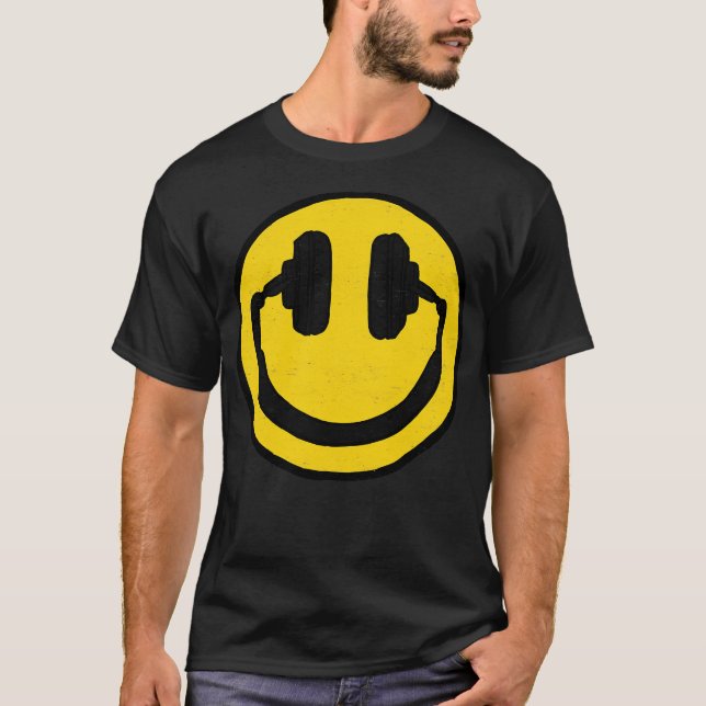 Headphones Smiling Face Music Makes Me Happy T-Shirt (Front)