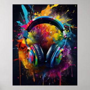 Headphones with exploding colours poster