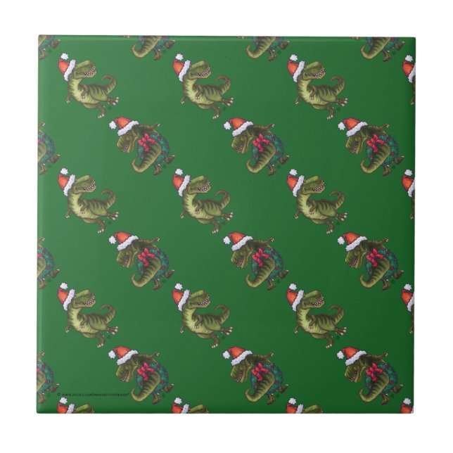 Heads and Tails Festive TRex Green Pattern Tile (Front)