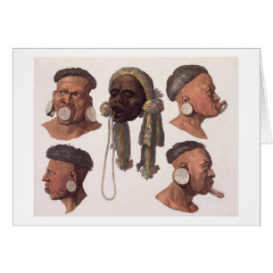 Heads of Botocudos Indians (colour engraving)