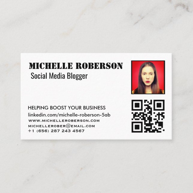 headshot and qr code clean white business card (Front)