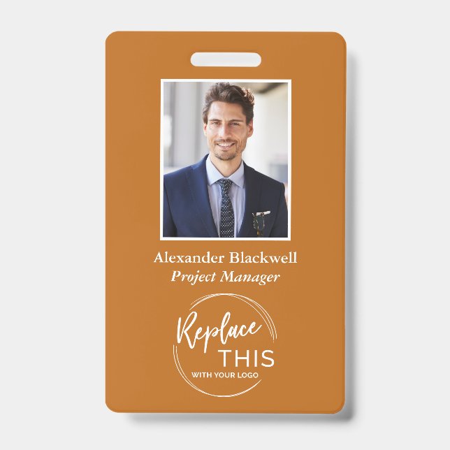 Headshot Custom Corporate Logo Orange ID Badge (Front)