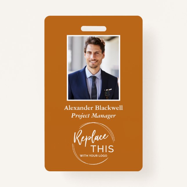 Headshot Custom Corporate Logo Orange ID Badge (Front)