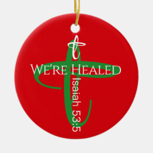 Healed Bible Verse Christian Christmas Green Cross Ceramic Tree Decoration