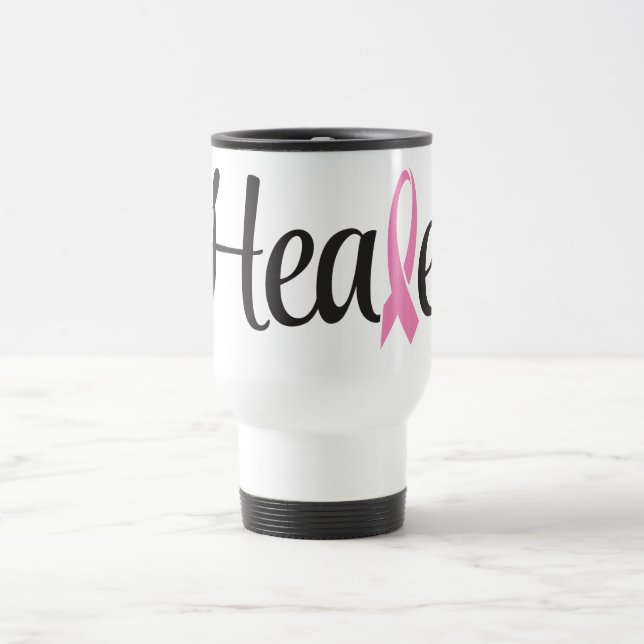 Healed Breast Cancer Pink Ribbon Travel Coffee Mug (Center)