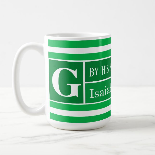 Healing Bible Verse Green Striped Initial Coffee Mug (Left)