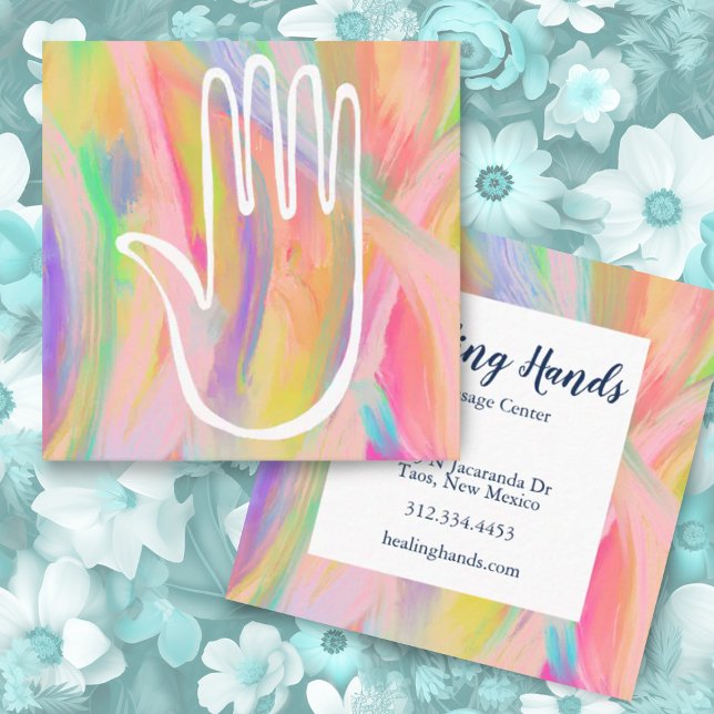 Healing Hand Rainbow Colourful Oil Paint Square Business Card (Healing hands custom square business cards with colorful abstract art)