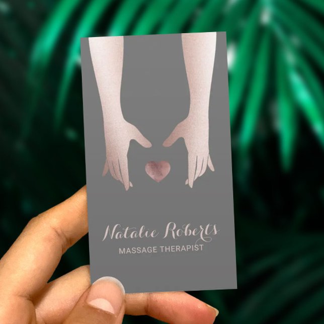Healing Hands & Heart Rose Gold Massage Therapy Business Card (Creator Uploaded)