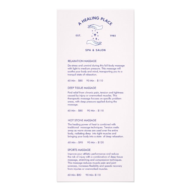 Healing Hands Massage Spa Price List Menu (Front)