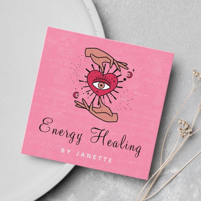 Healing Hands & Mystic Moon Eye Pink Red Energy Square Business Card (Creator Uploaded)