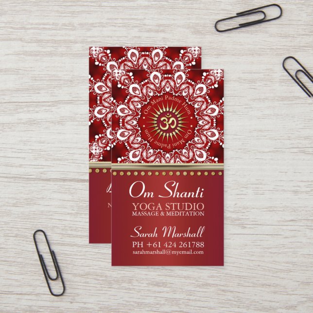 Healing Om Shanti Red White Mandala Yoga Business Business Card (Front/Back In Situ)