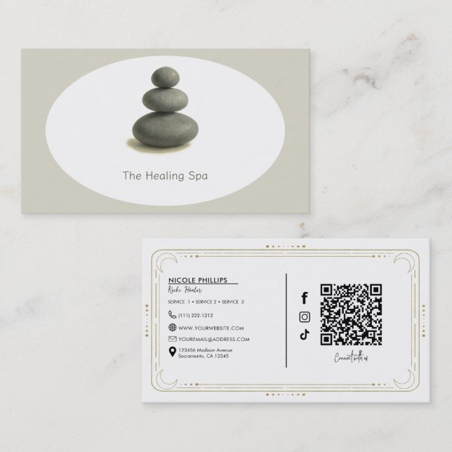 Healing Spa 3 Stones Grey & Beige Modern Business Card (Front/Back)